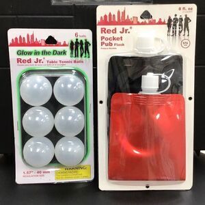 College, fun items, glow-in-the-dark pong balls, and two collapsible flask